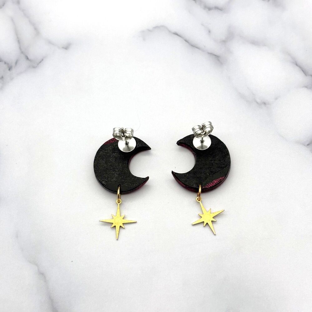 Red Moon and Star Dangle Earrings | Polymer Clay Crescent Jewelry - Picture 11 of 11